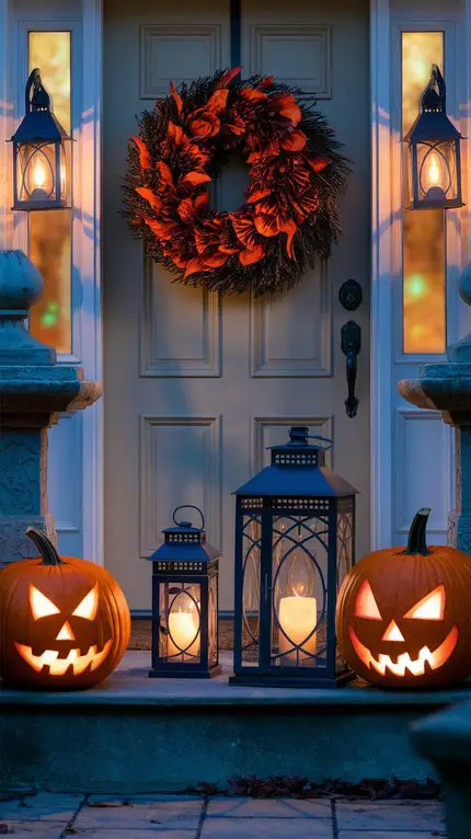 A Halloween-themed entryway featuring a wreath, carved pumpkins, and lanterns.