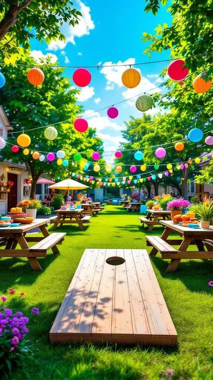 A lively outdoor party scene with colorful bunting, picnic tables, and a cornhole board.