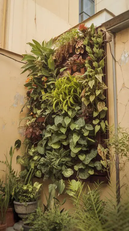 A vertical garden filled with various plants mounted on a wall.