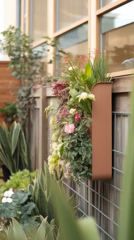 A modern vertical planter with various plants mounted on a wooden fence.