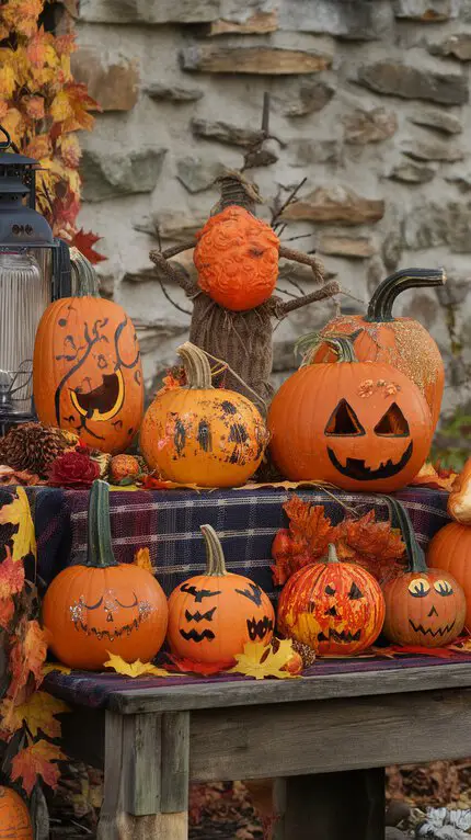 A collection of creatively decorated pumpkins on a rustic table, showcasing various designs and expressions.