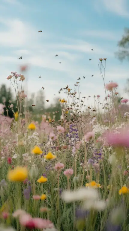 A vibrant wildflower meadow filled with various flowers and buzzing bees.