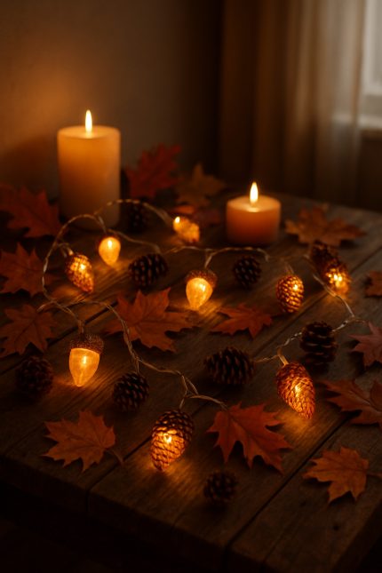 A cozy arrangement of acorn and pine cone string lights on a wooden table with autumn leaves and candles.