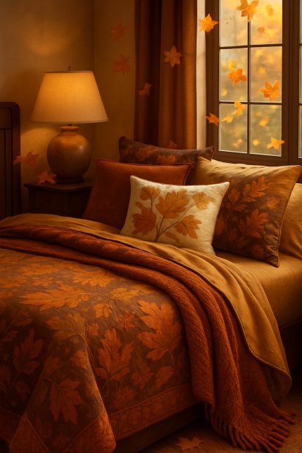 Cozy autumn-themed bedding with leaf patterns in warm orange and brown tones, complemented by soft pillows and warm lighting.