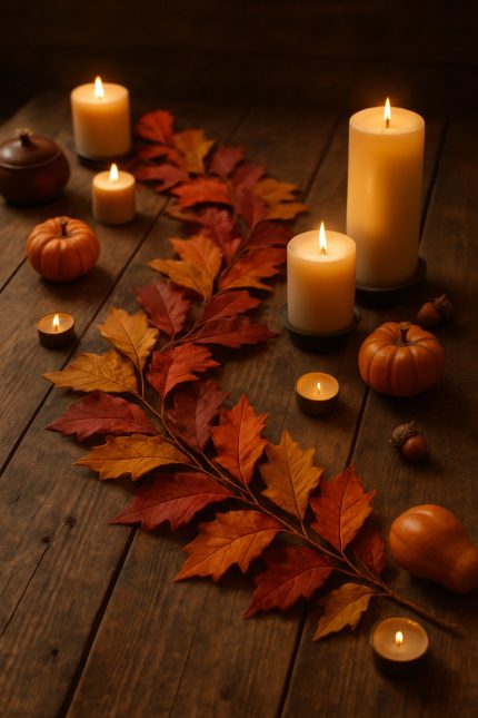 A beautiful arrangement of fall leaves, candles, and pumpkins on a wooden table