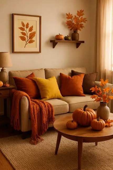 Cozy living room decorated with fall colors, featuring a beige couch with orange and yellow pillows, a chunky orange throw, and pumpkins on a coffee table.