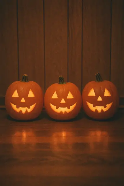 Three carved jack-o'-lanterns with friendly faces glowing in the dark
