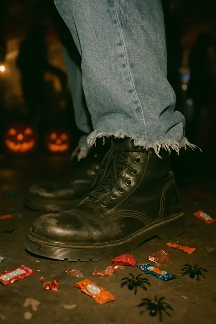 A close-up of black boots on the ground with scattered candy and spider decorations, set against a backdrop of pumpkins.