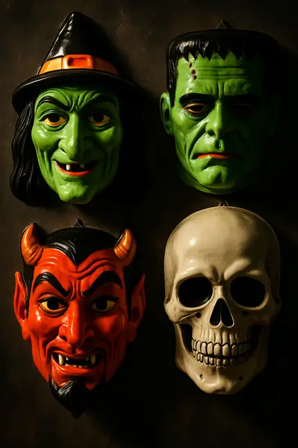 A collection of vintage Halloween masks featuring a witch, Frankenstein, a devil, and a skull.