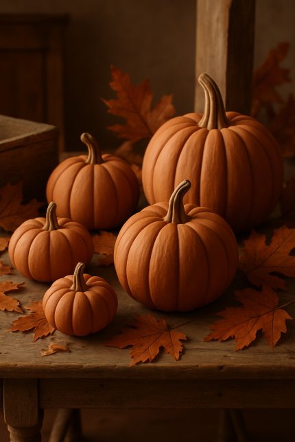 A collection of terracotta pumpkins in various sizes on a wooden table with autumn leaves.