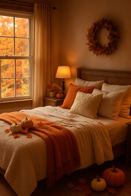 A cozy fall bedroom with warm colors, pumpkins, and autumn leaves.