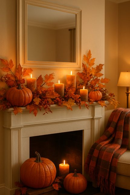 A cozy autumn mantle decorated with pumpkins, candles, and autumn leaves.