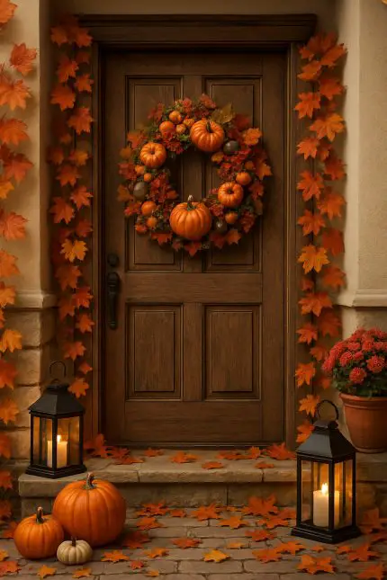 A cozy entryway decorated for fall with a pumpkin wreath, lanterns, and colorful leaves.