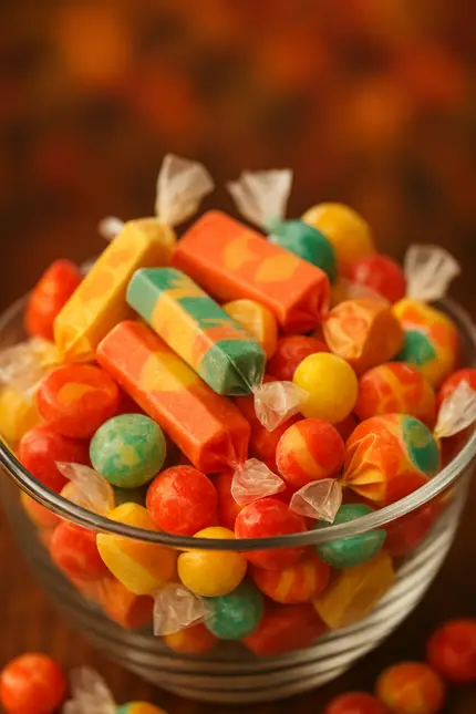 A bowl filled with vintage Halloween candies.