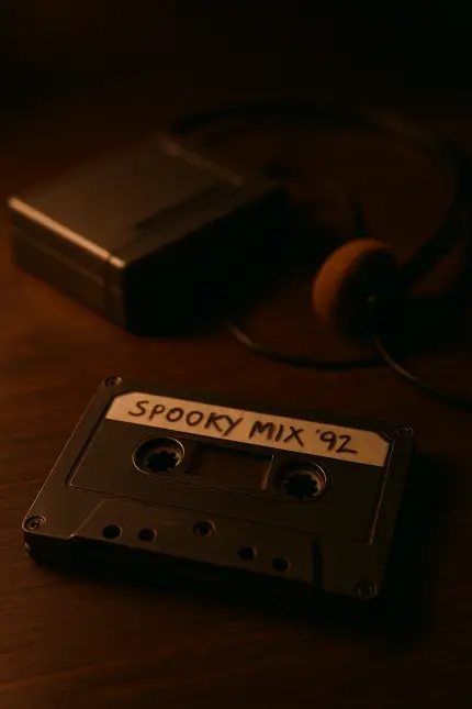 A cassette tape labeled 'SPOOKY MIX '92' resting on a wooden surface with headphones nearby.