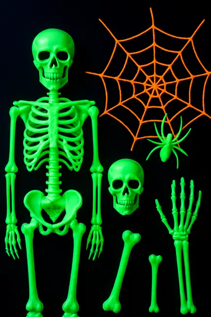 Neon skeleton and spider web decorations for Halloween.