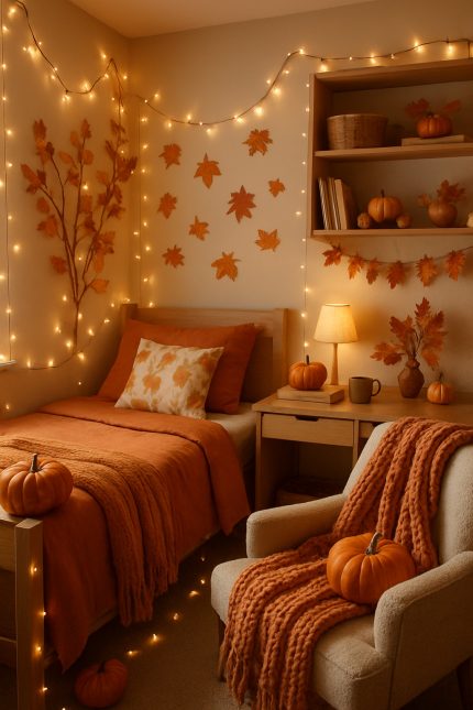 A cozy fall-themed dorm room with orange bedding, string lights, and pumpkins.