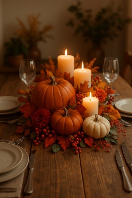 A rustic fall table centerpiece featuring pumpkins, candles, and autumn leaves.