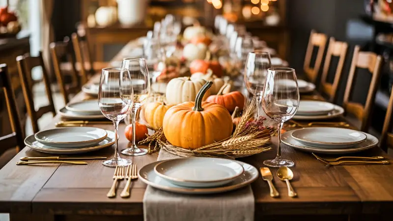 An elegant rustic Thanksgiving table setting featuring a beautiful centerpiece of terracotta pumpkins and dried wheat, creating a warm and inviting atmosphere.