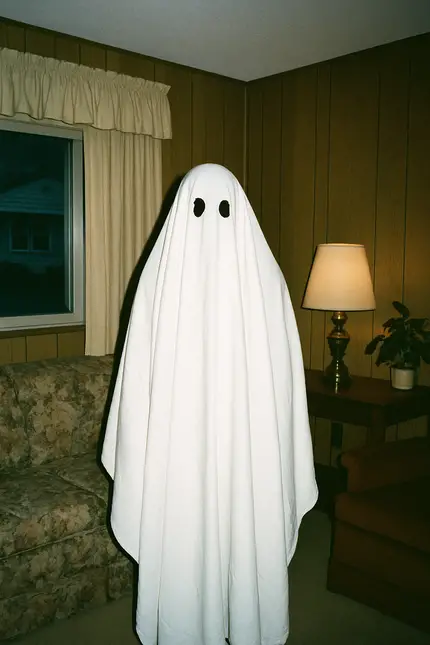 A person dressed in a classic ghost costume made from a white sheet with black eye holes, standing in a cozy living room.