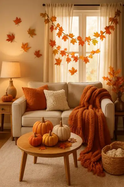 Cozy fall living room with pumpkins, leaves, and warm decor