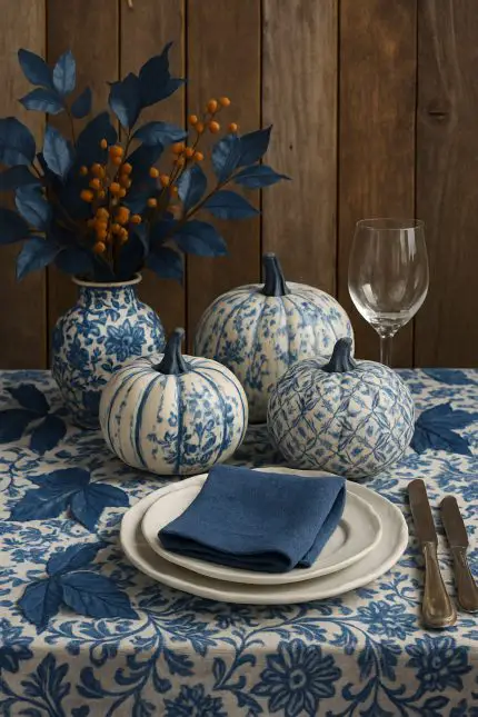 A fall table setting with blue and white pumpkins, a floral vase, and elegant tableware on a patterned tablecloth.