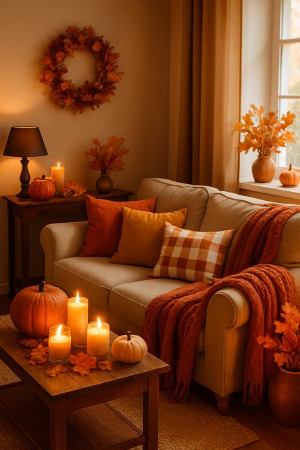 A cozy fall room decorated with pumpkins, candles, and warm textiles, creating an inviting autumn atmosphere.