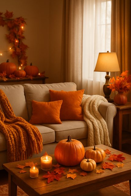 Cozy fall living room with pumpkins, candles, and warm decorations