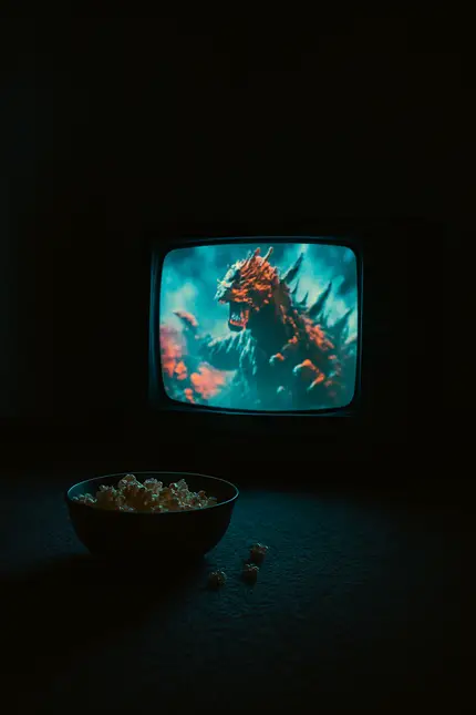 A vintage television displaying a classic monster movie with a bowl of popcorn in front.