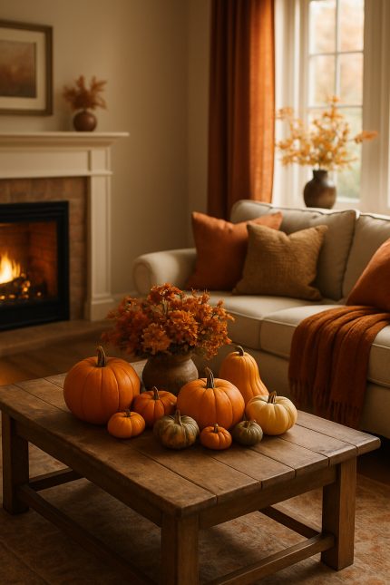 A cozy living room with pumpkins and gourds on a wooden coffee table, warm curtains, and a fireplace.