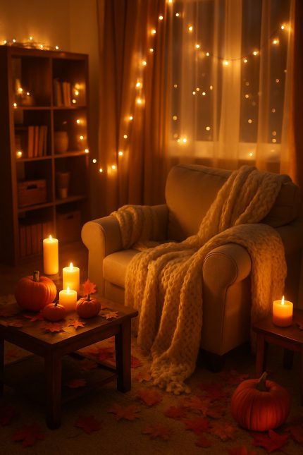 A cozy room decorated for autumn with fairy lights, candles, pumpkins, and a warm blanket.