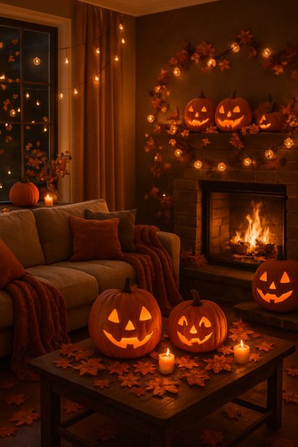 Cozy living room decorated for Halloween with carved pumpkins, candles, and autumn leaves.