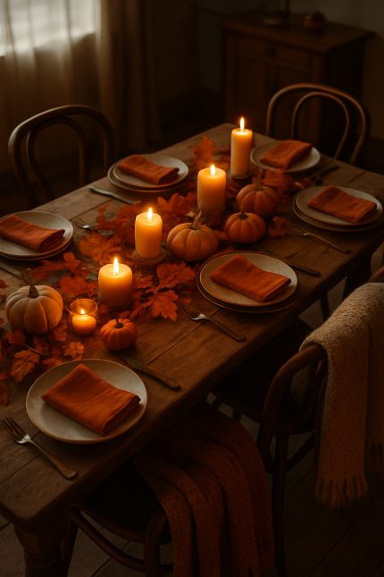 A rustic Thanksgiving table setting with pumpkins, candles, and orange napkins.