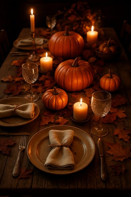 A rustic Thanksgiving table setting with pumpkins, candles, and autumn leaves.