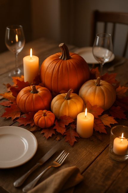 A rustic table setting featuring a pumpkin centerpiece surrounded by autumn leaves and candles.