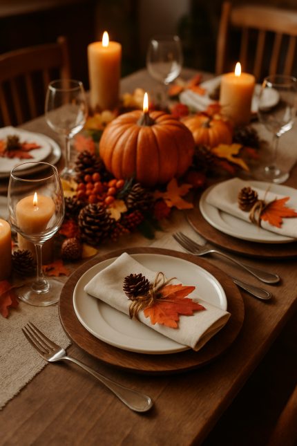 A beautifully set Thanksgiving table featuring napkin rings made of twine, leaves, and pinecones.