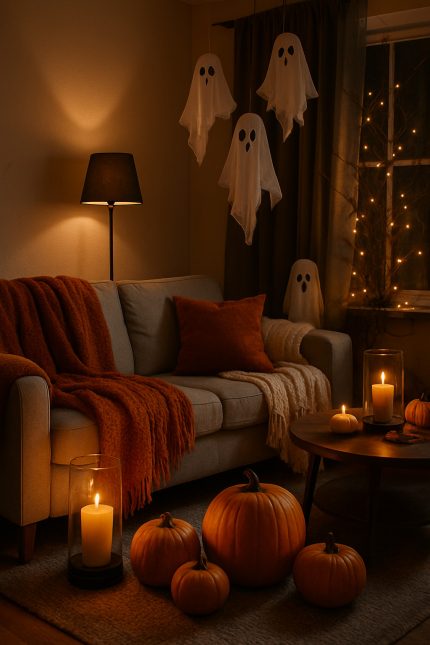 Cozy living room decorated for Halloween with pumpkins, ghosts, and warm lighting.