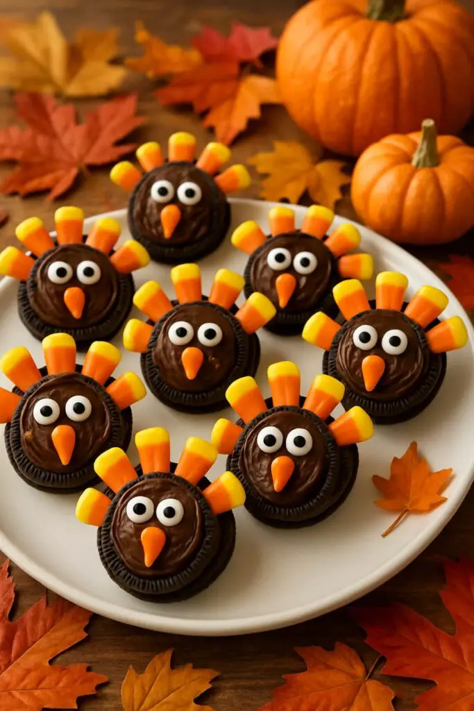 A plate of adorable Oreo turkey treats decorated with candy corn and edible eyes, surrounded by autumn leaves and pumpkins.