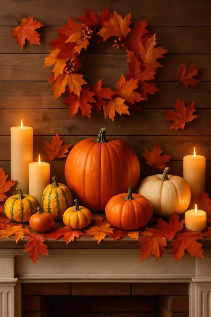 A cozy fall mantel decorated with pumpkins, candles, and autumn leaves.