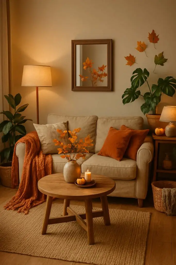 Cozy living room with beige couch, orange pillows, autumn leaves in a vase, and warm lighting.