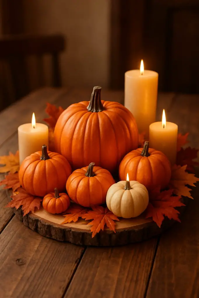A beautiful Thanksgiving centerpiece featuring pumpkins and candles on a wooden table.