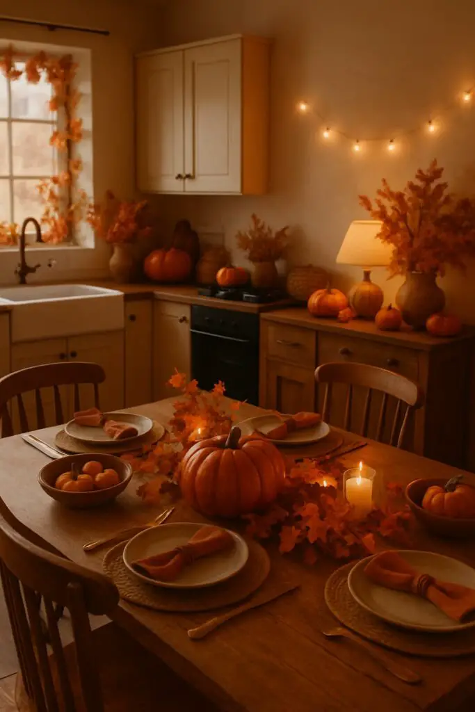 A cozy fall kitchen and dining area decorated with pumpkins, autumn leaves, and candles, creating a warm and inviting atmosphere.