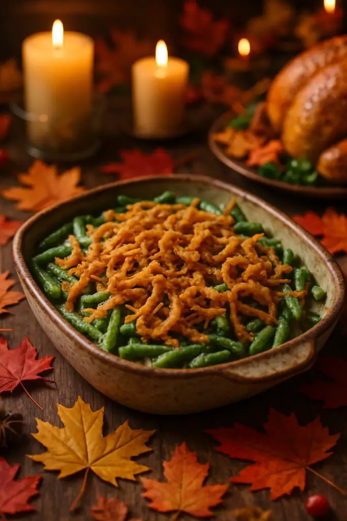 A serving of classic green bean casserole topped with crispy fried onions, surrounded by autumn leaves and candles.