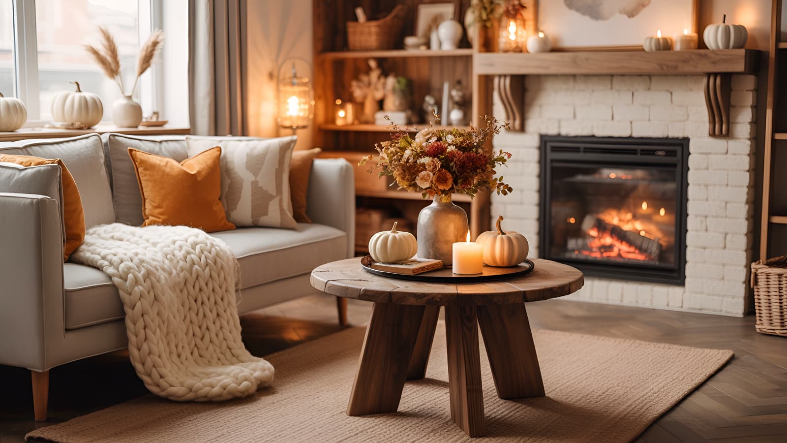A cozy autumn aesthetic living room with a fireplace, rustic wood coffee table, and comfortable sofa with a chunky knit blanket.