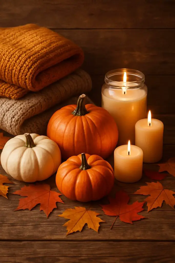 Cozy fall decor with pumpkins, candles, and warm blankets