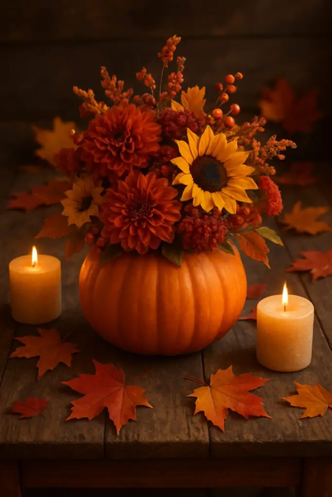 A cozy pumpkin vase filled with sunflowers and dahlias, surrounded by autumn leaves and candles.