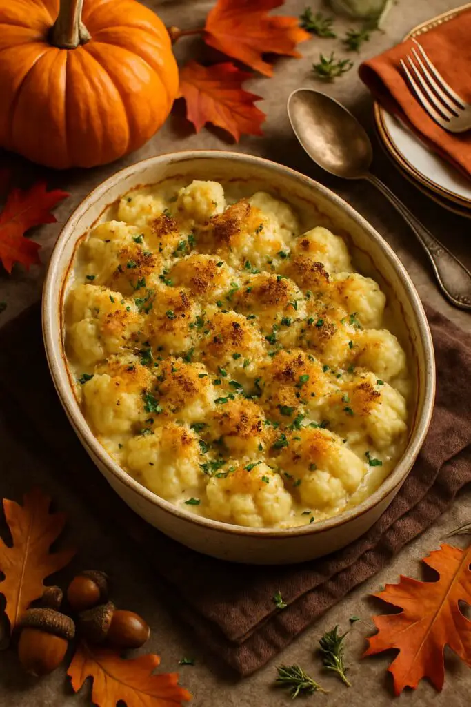 A creamy cauliflower gratin in a baking dish, topped with breadcrumbs and herbs, surrounded by autumn leaves and a pumpkin.