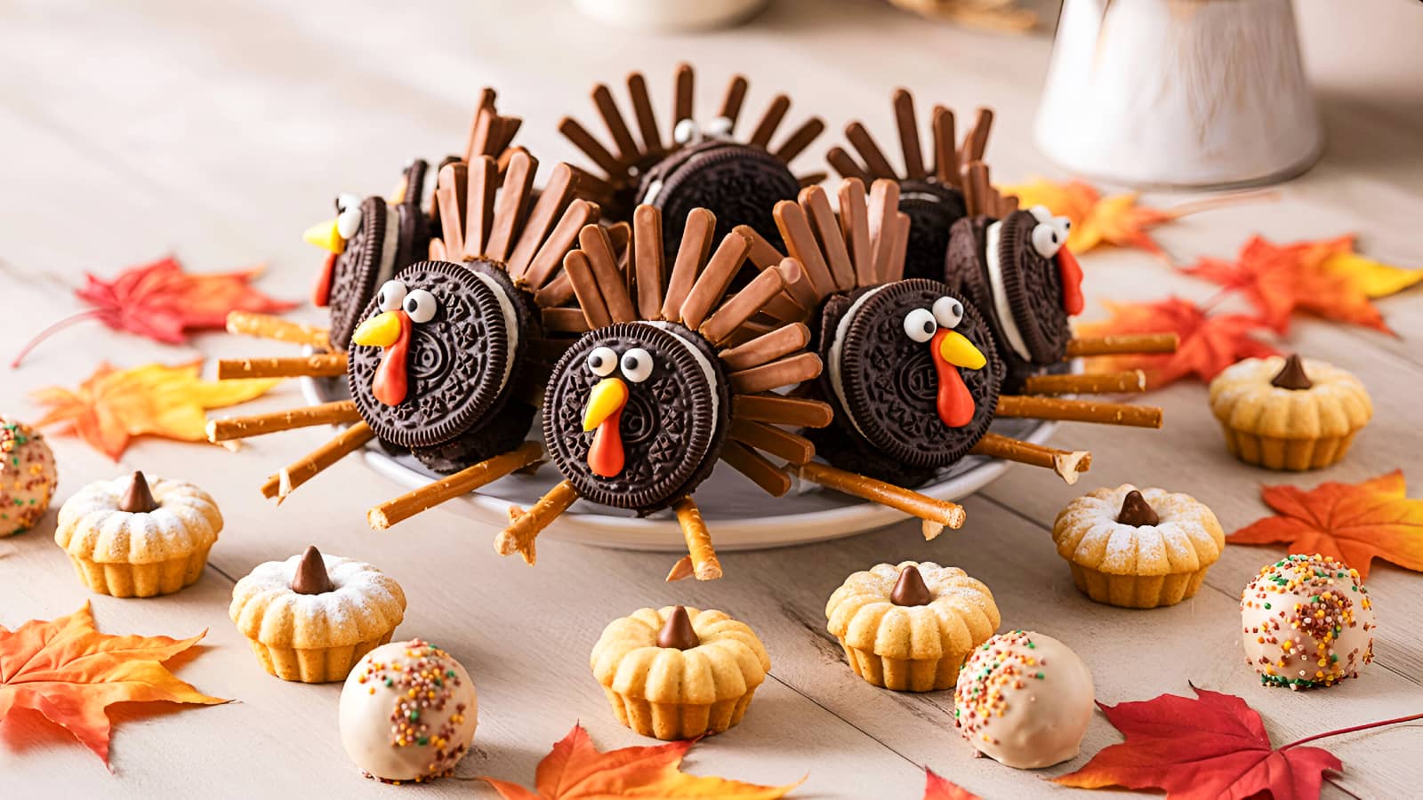 A festive dessert table featuring a variety of cute Thanksgiving desserts, including Oreo turkeys and pumpkin pie cookies.
