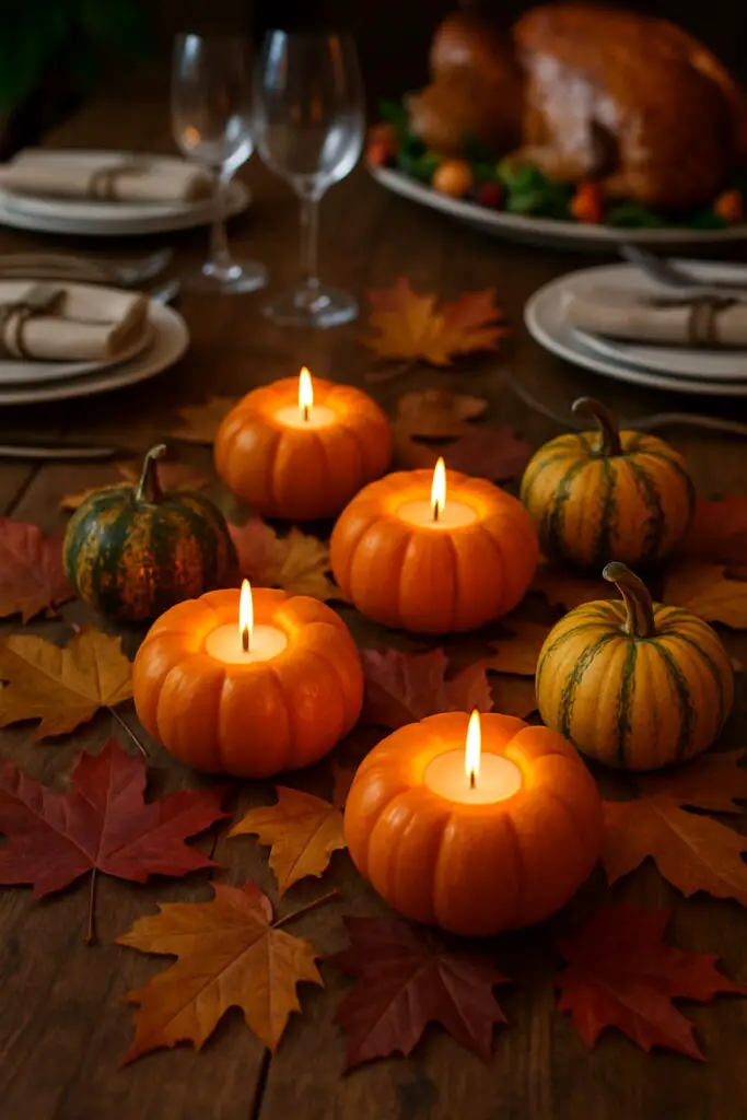 A cozy Thanksgiving table with pumpkin votive candle holders surrounded by autumn leaves.