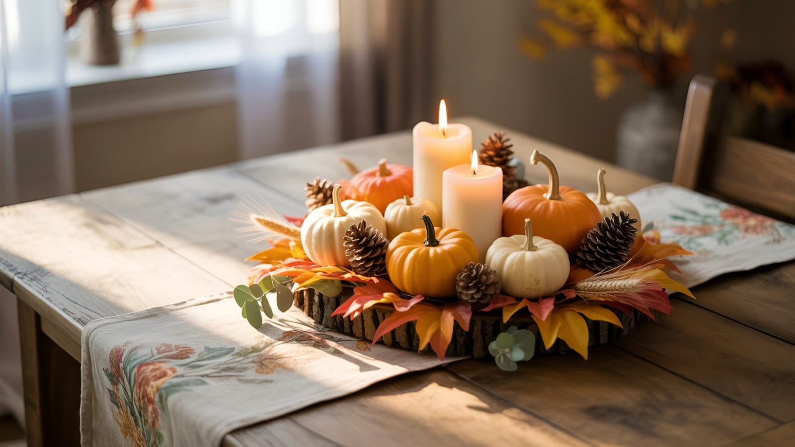 A beautiful DIY Thanksgiving centerpiece made with pumpkins, candles, and pinecones on a rustic wooden table.